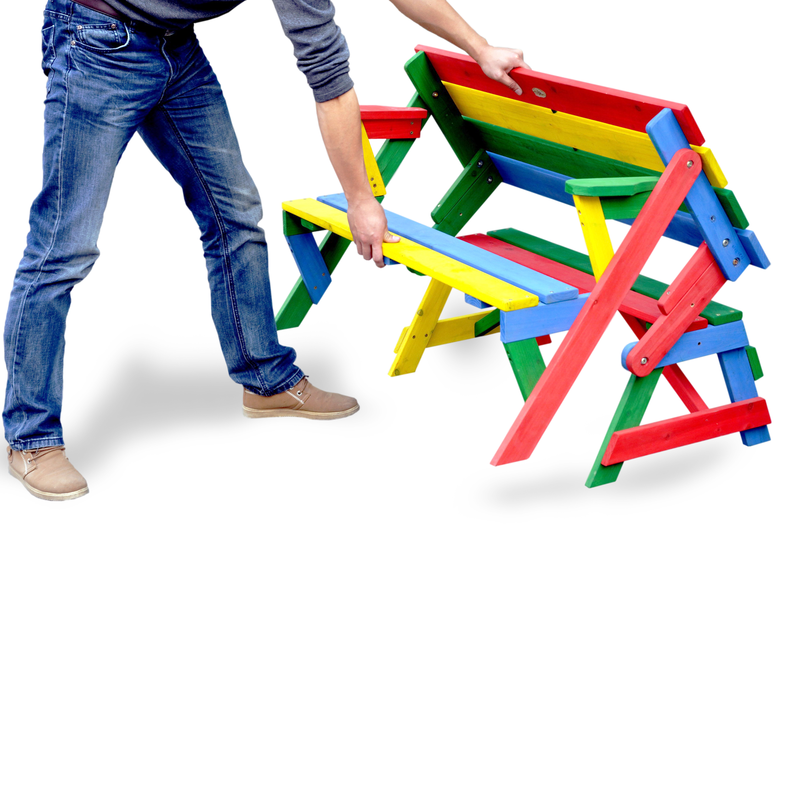 HABAU Kinderpicknickbank in rot, grün, gelb und blau - Anwendungsbeispiel zum Umklappen