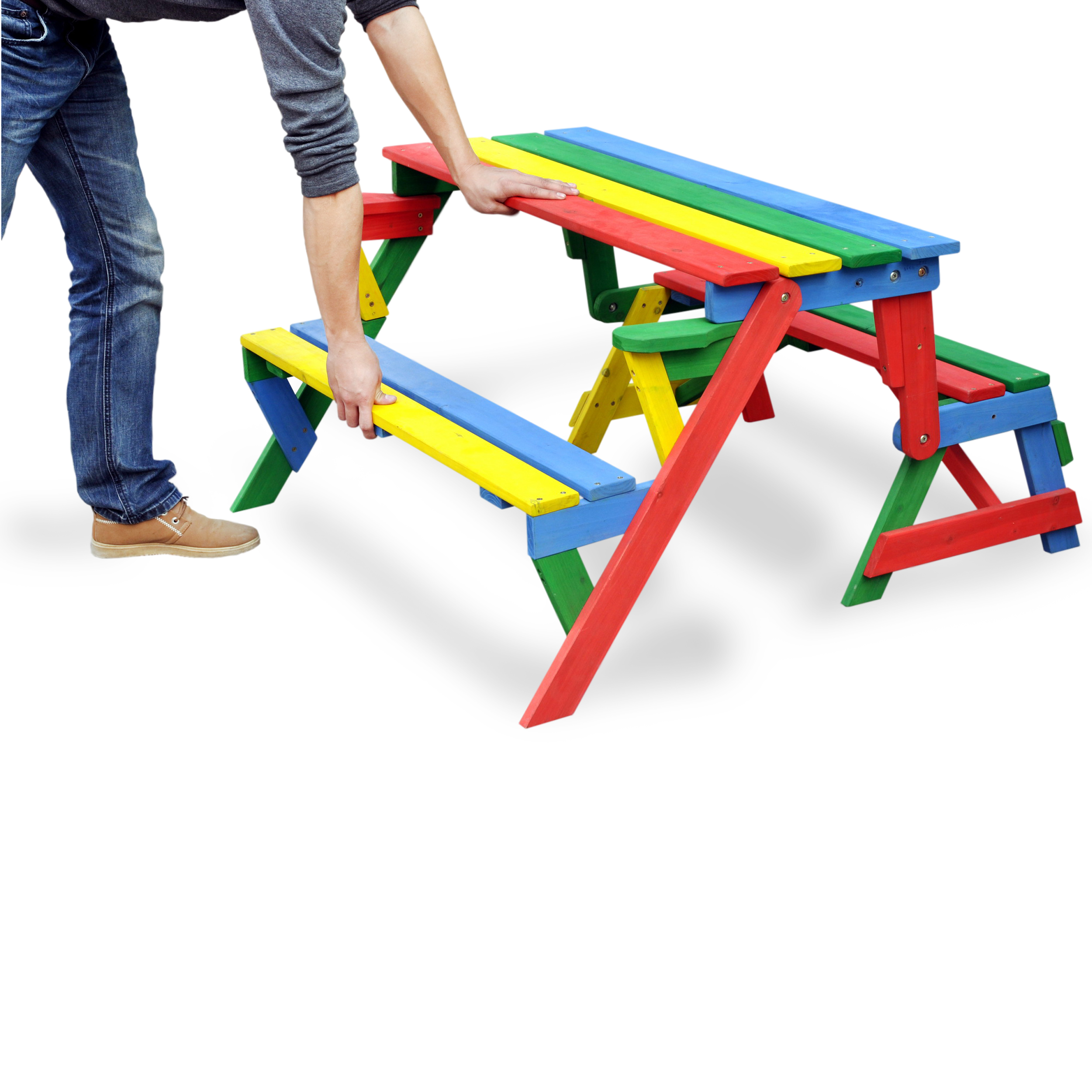 HABAU Kinderpicknickbank in rot, grün, gelb und blau - Anwendungsbeispiel zum Umklappen