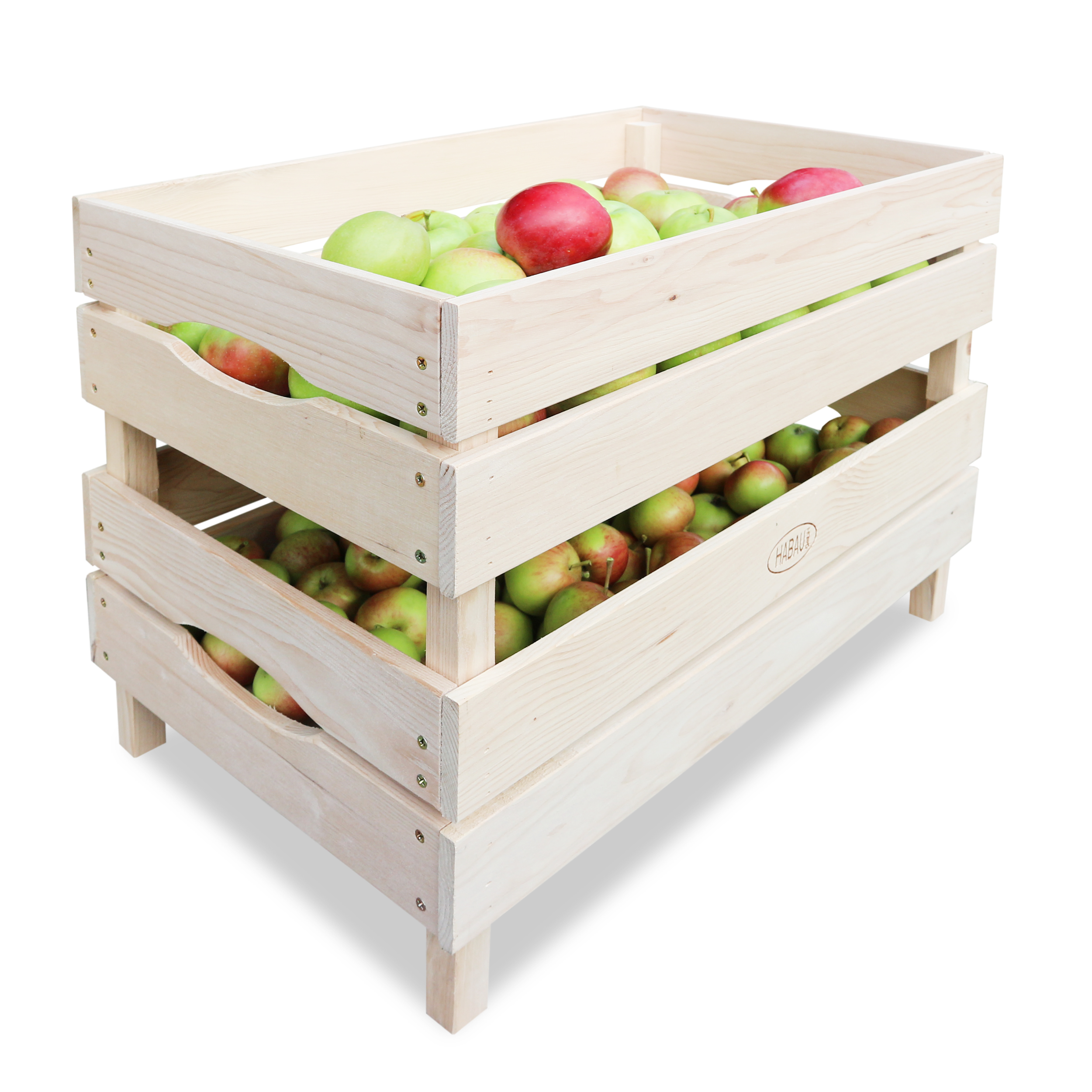 HABAU Holzkiste für Obst und Gemüse, Anwendungsbeispiel mit Äpfeln
