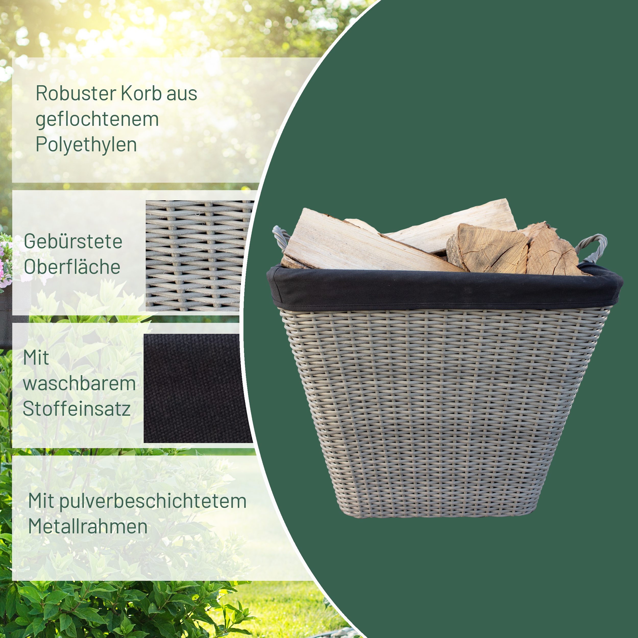 Holzkorb, eckig, aus Polyethylen mit Metallrahmen